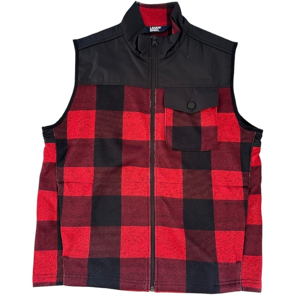 Lands End Fall Vest Men’s Medium Lightweight Plaid Red & Black Front Pockets